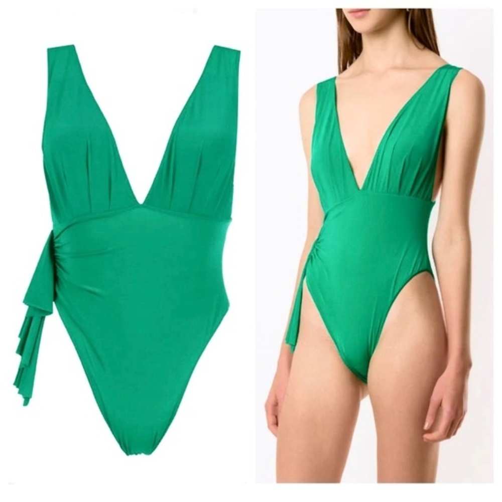 Clube Bossa Unika One Piece Swimsuit Kelly Green High Leg Plunge V Neck NWT M
